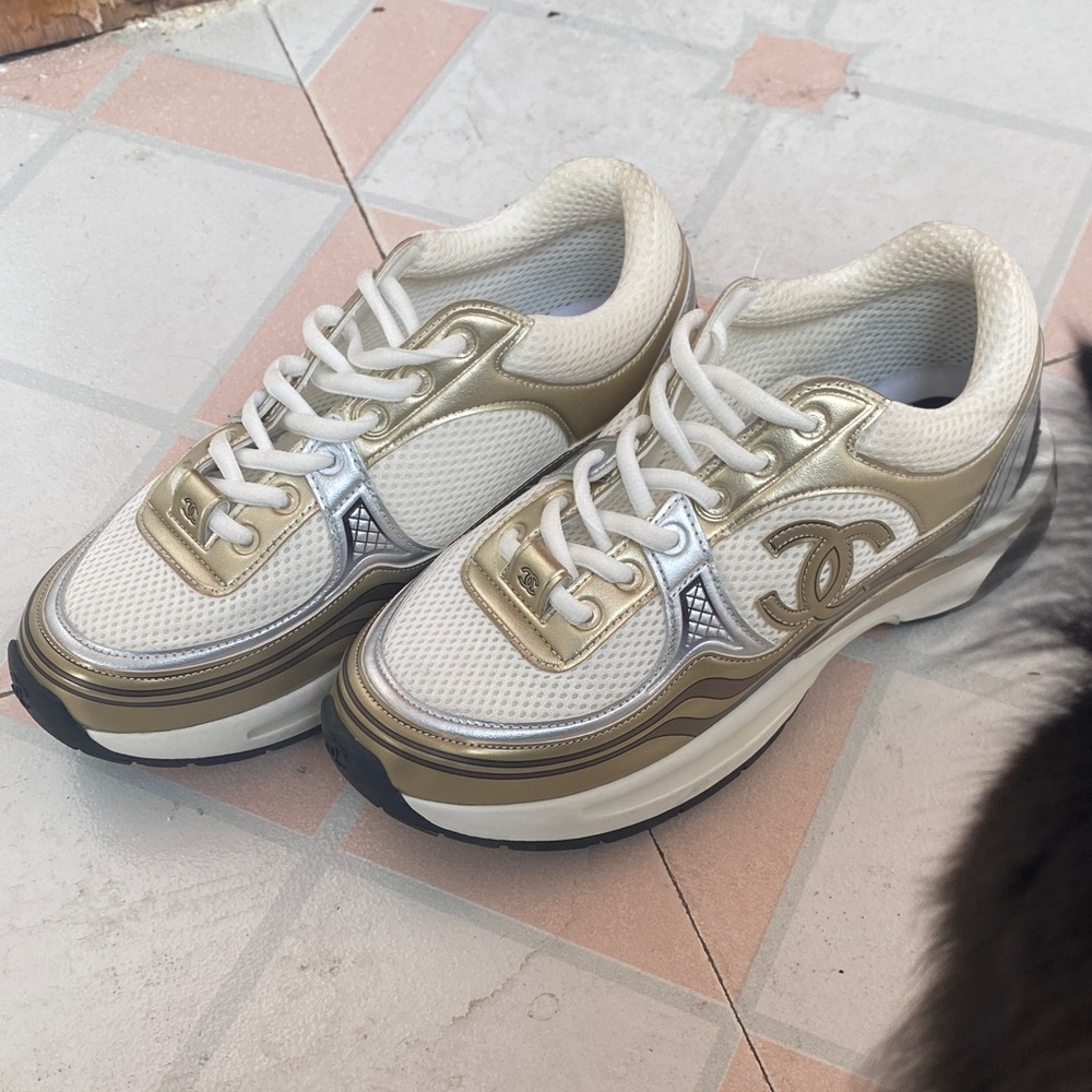 Women's Chanel "Golden Horn King" White & Gold CC Logo Platform Sneakers